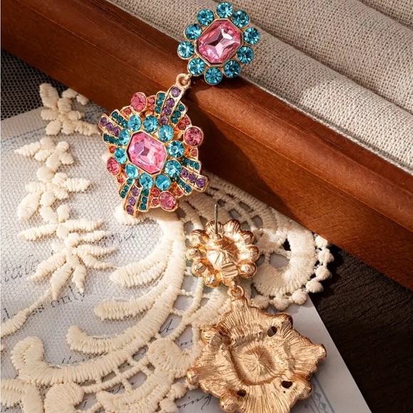 Bright Pink and Blue Rhinestone Dangle Earrings - Picture 3 of 4